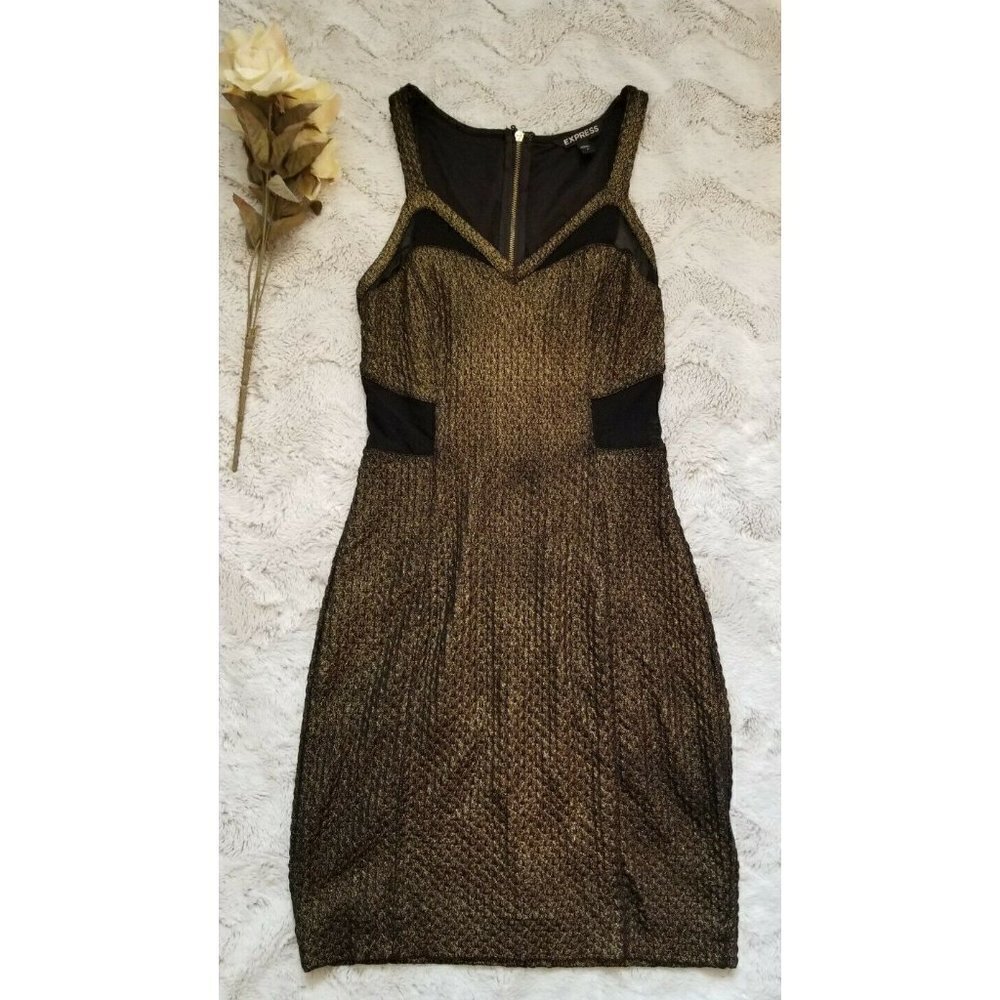 Express Metallic Gold Shimmer Mesh Black Panel Cut Out Accent Sleeveless 4